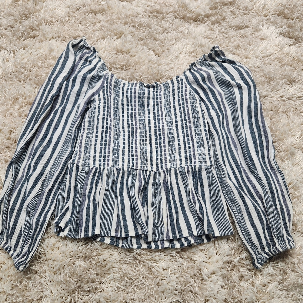 American Eagle Long Sleeve Womens Off The Shoulder Strechy Blouse Blue White XXS